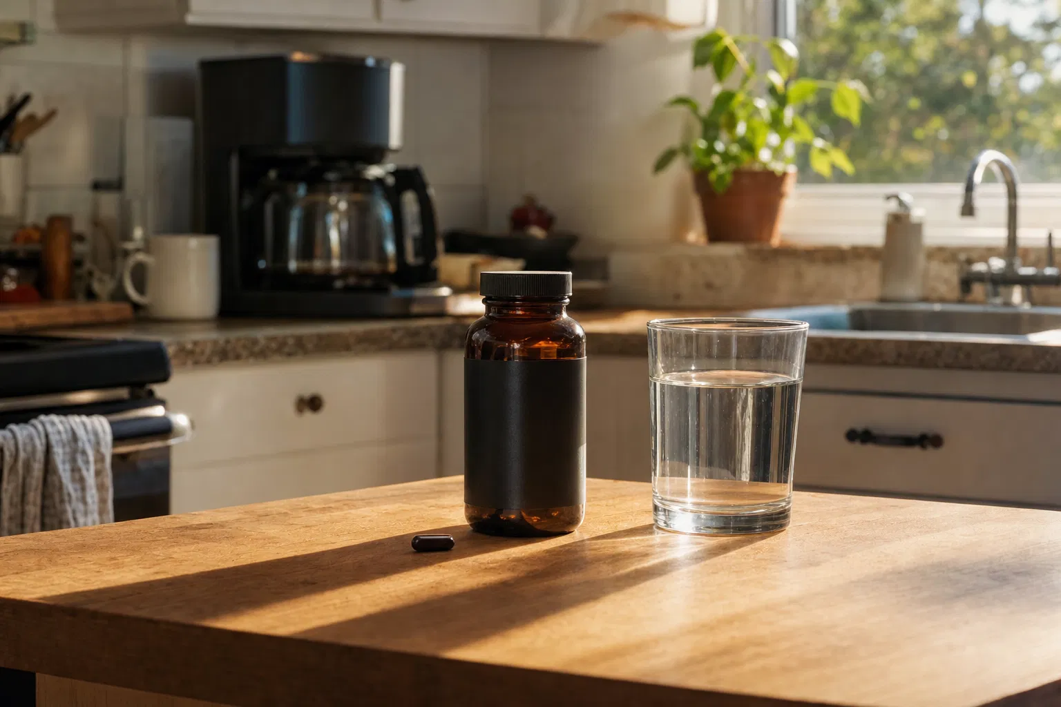 Kitchen counter in morning light with a glass of water