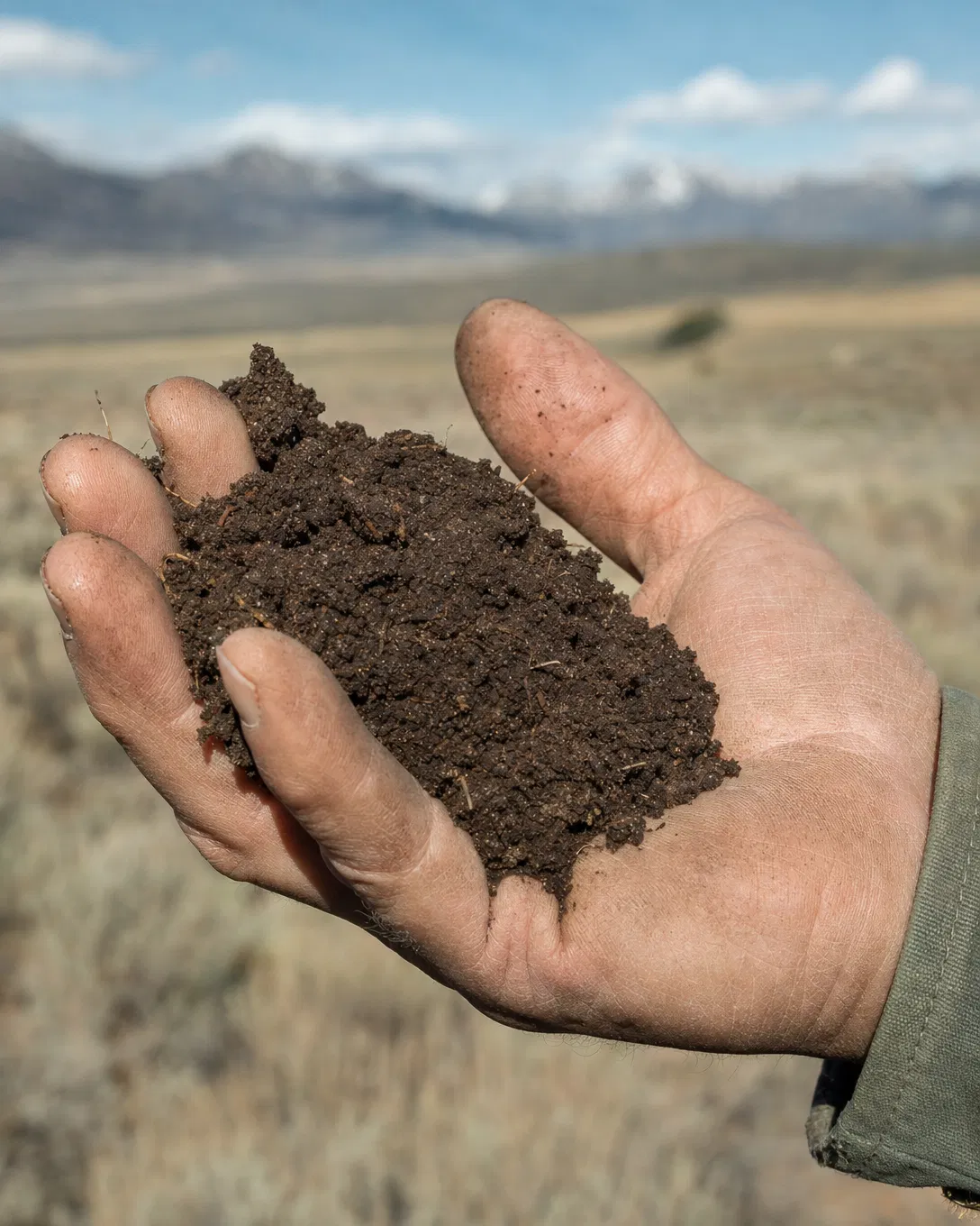 Hand holding mineral-rich Wyoming soil in natural light