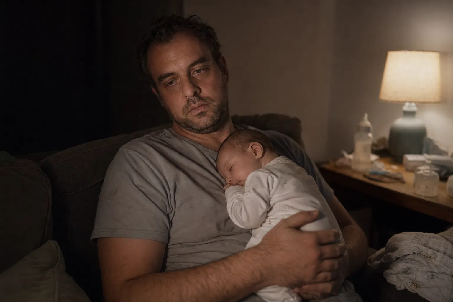 Exhausted father holding sleeping infant on couch at 3am