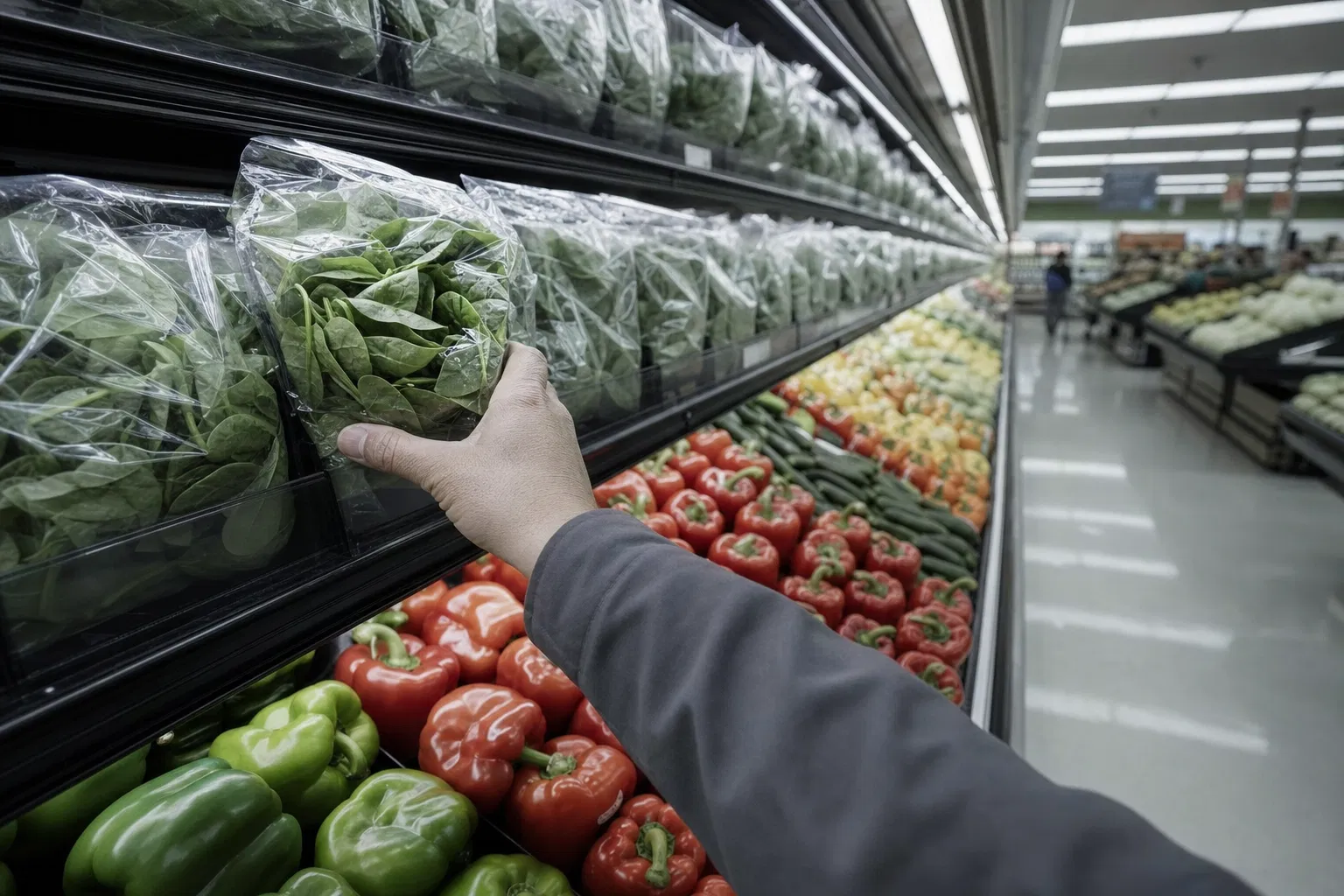 Man reaching for produce in a supermarket