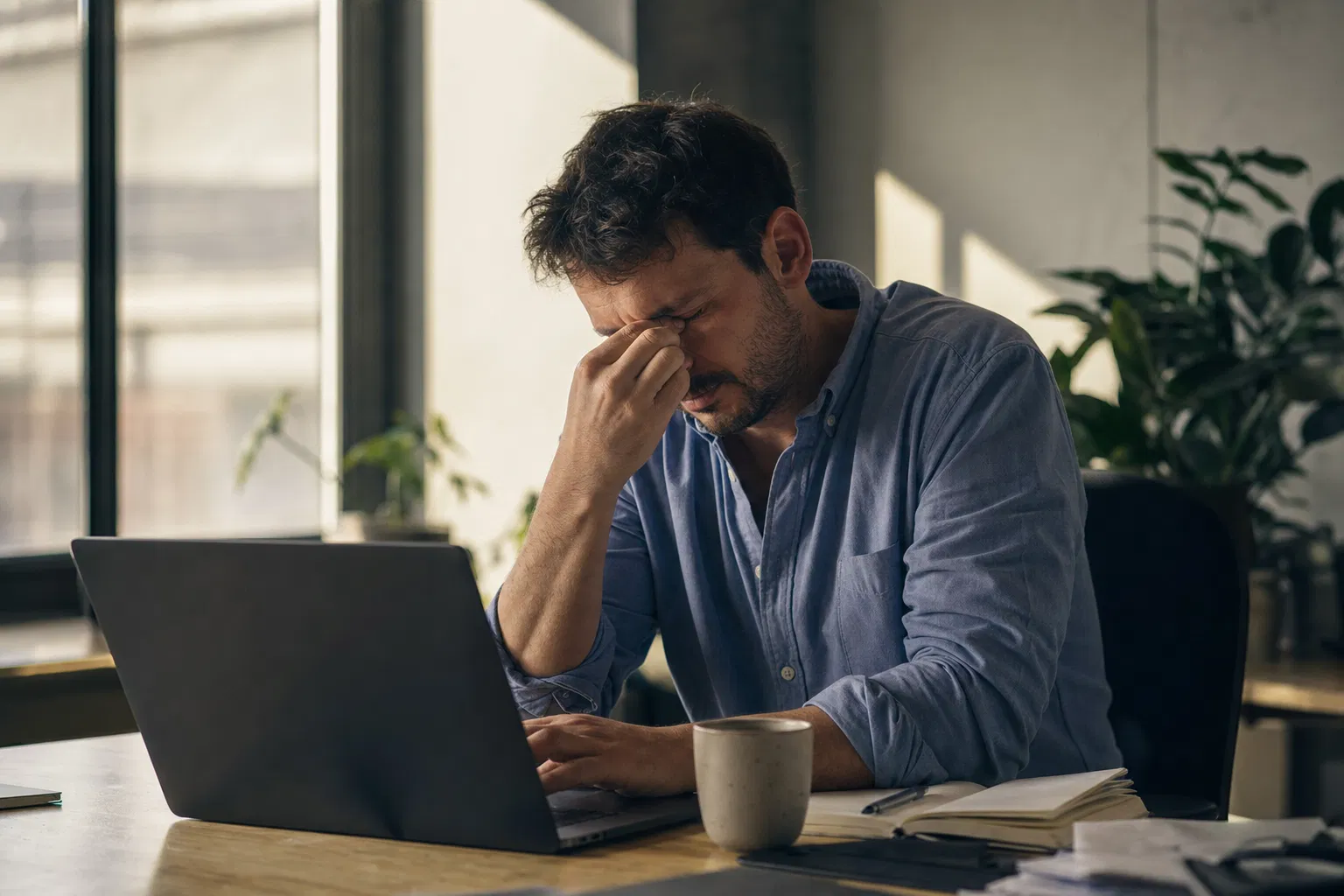 Man experiencing afternoon fatigue at his desk