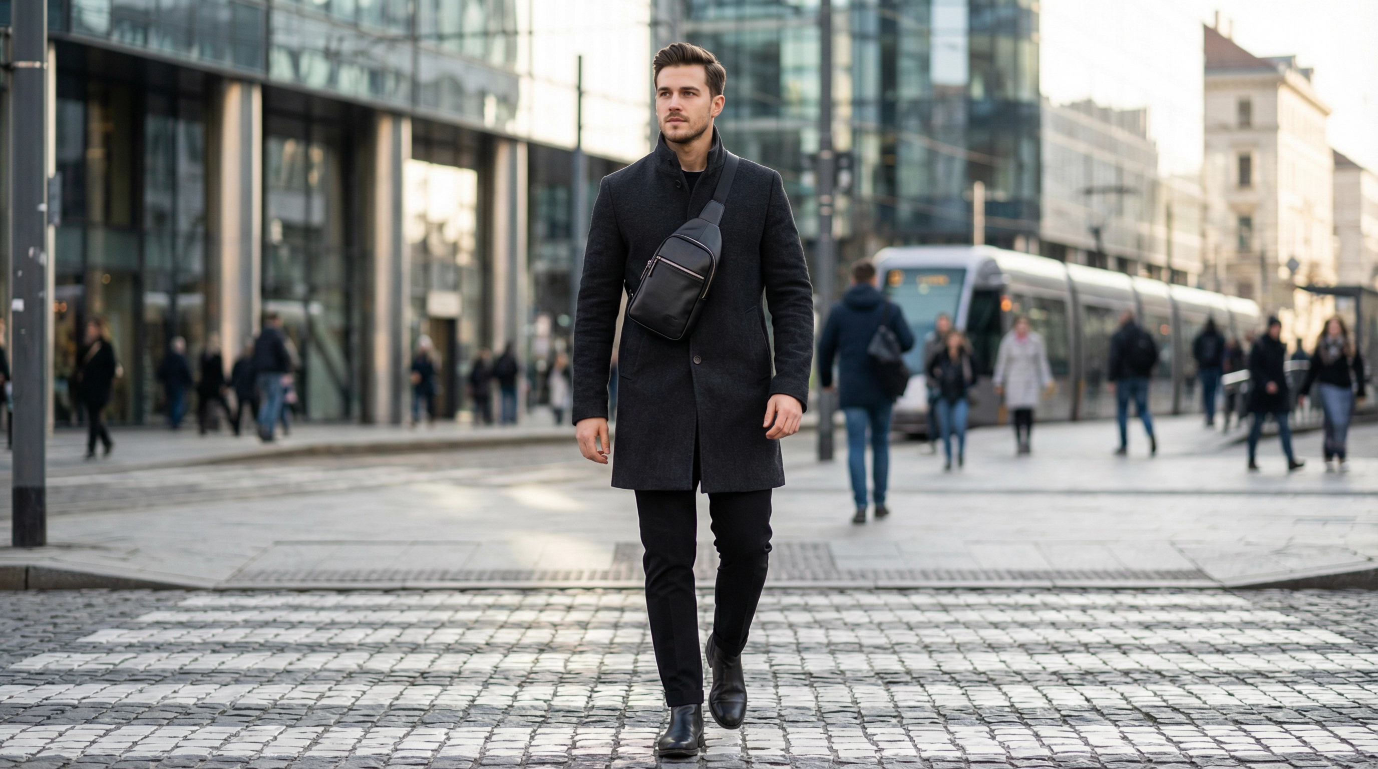 Stylish young man walking through a European city wearing a black leather sling bag