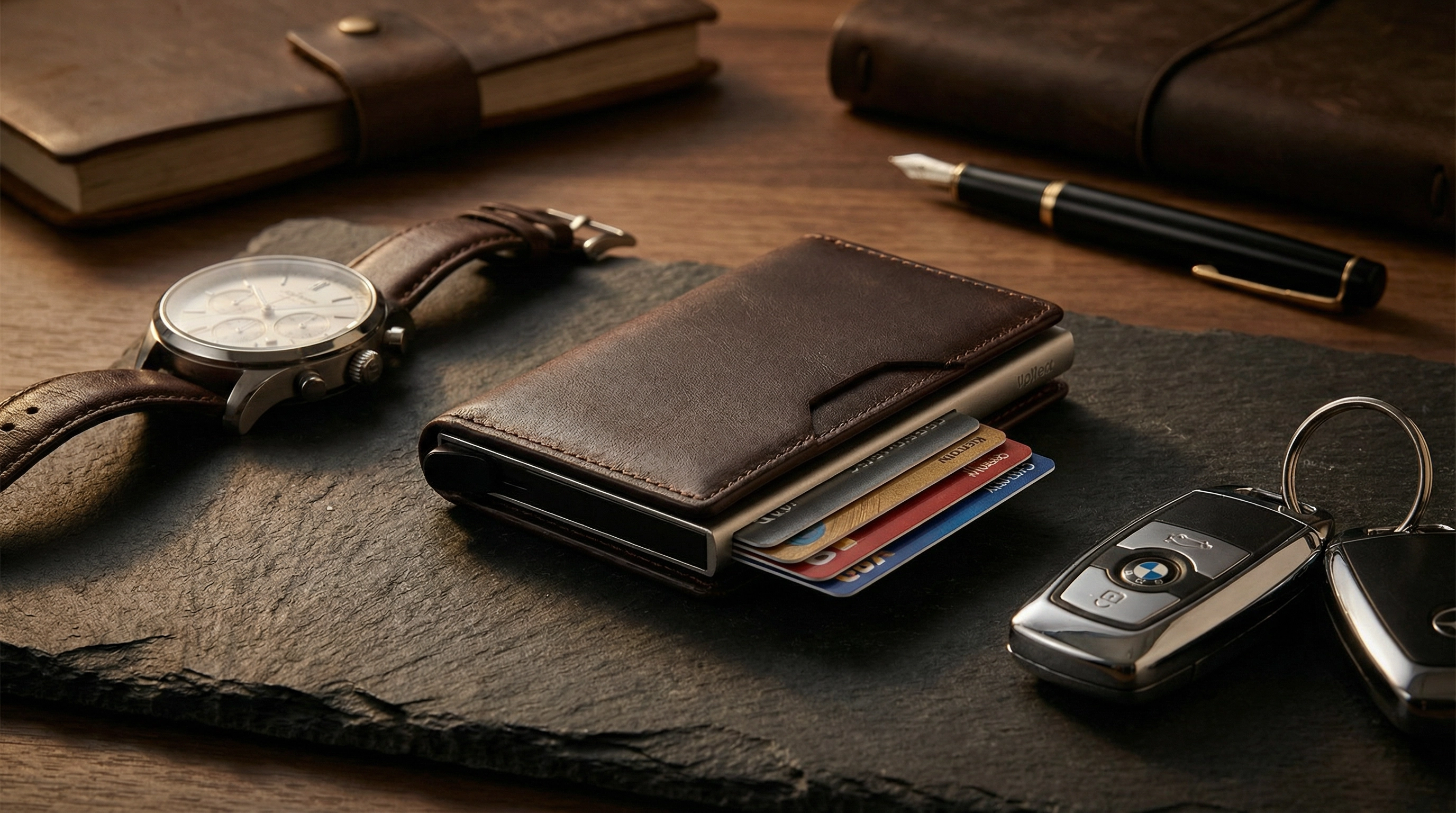 Slim leather wallet with pop-up card mechanism alongside a watch and car keys on dark slate