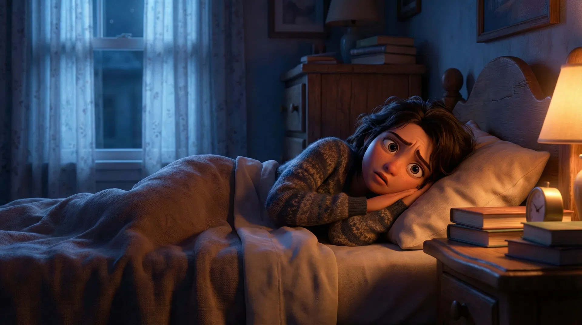 Person lying awake at night staring at the ceiling