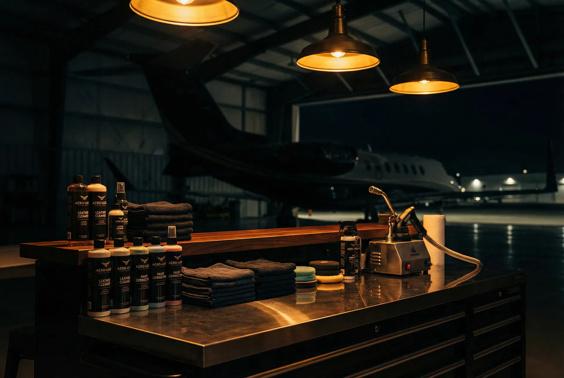 Premium aircraft detailing supplies and equipment in a hangar