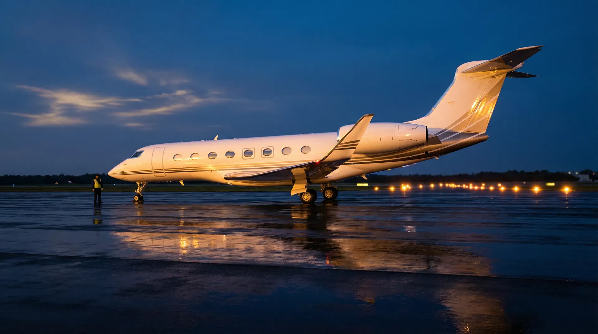 Private jet on tarmac at twilight