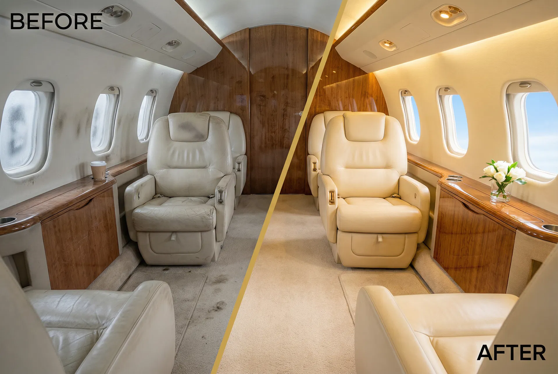 Before and after interior cabin detailing comparison