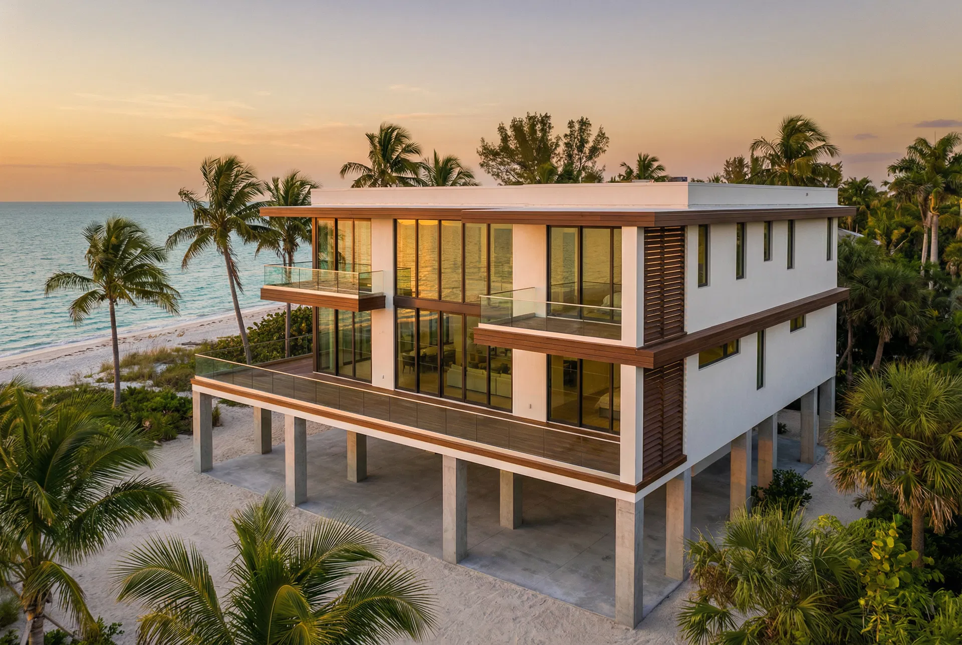 Modern elevated coastal home on pilings at sunset — Southwest Florida coastal residential engineering