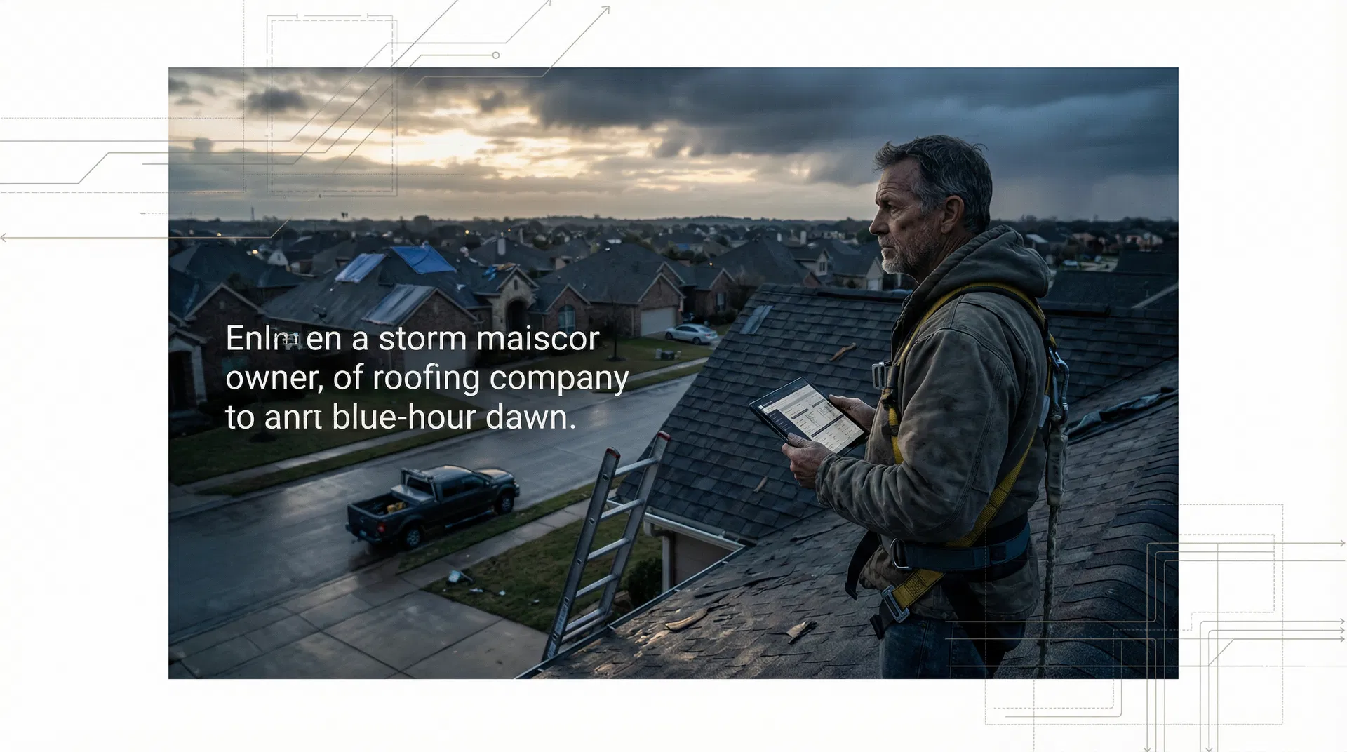Roofing business owner surveying storm-affected neighborhood while using a tablet to stay in control of operations