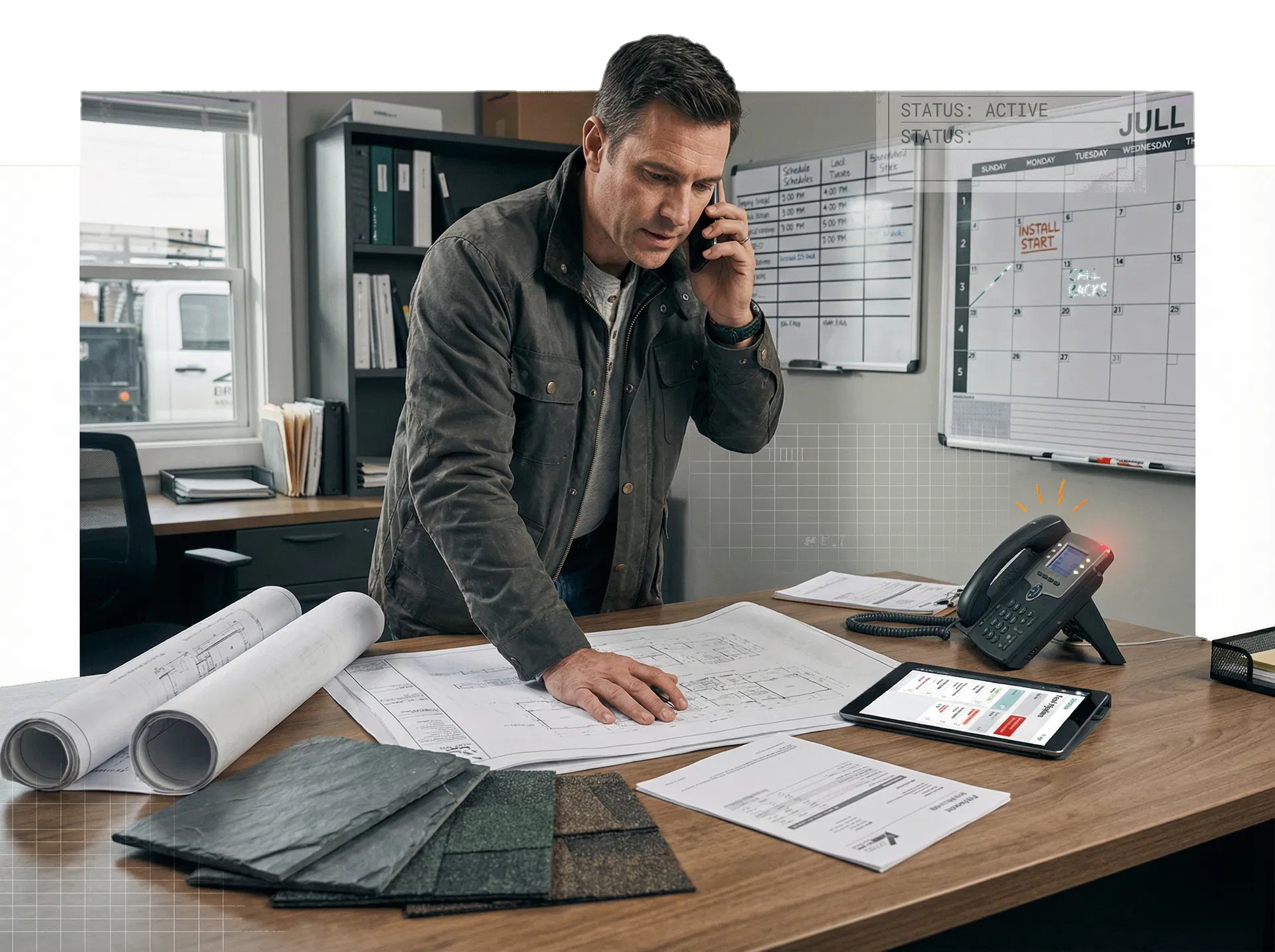 Roofing operator handling calls and plans from an organized office environment