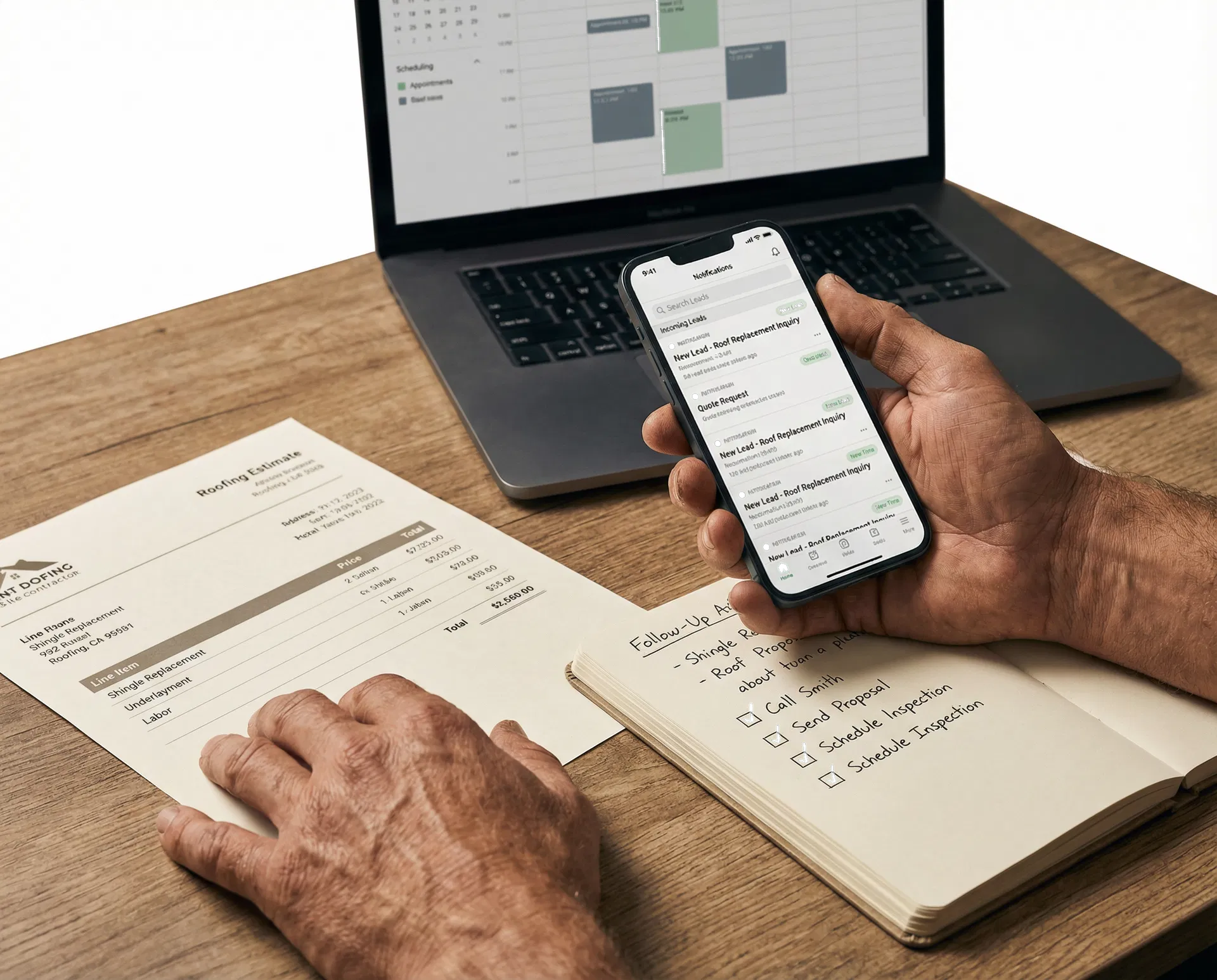 Proof-style composition showing roofing estimate, scheduling calendar, and lead notifications