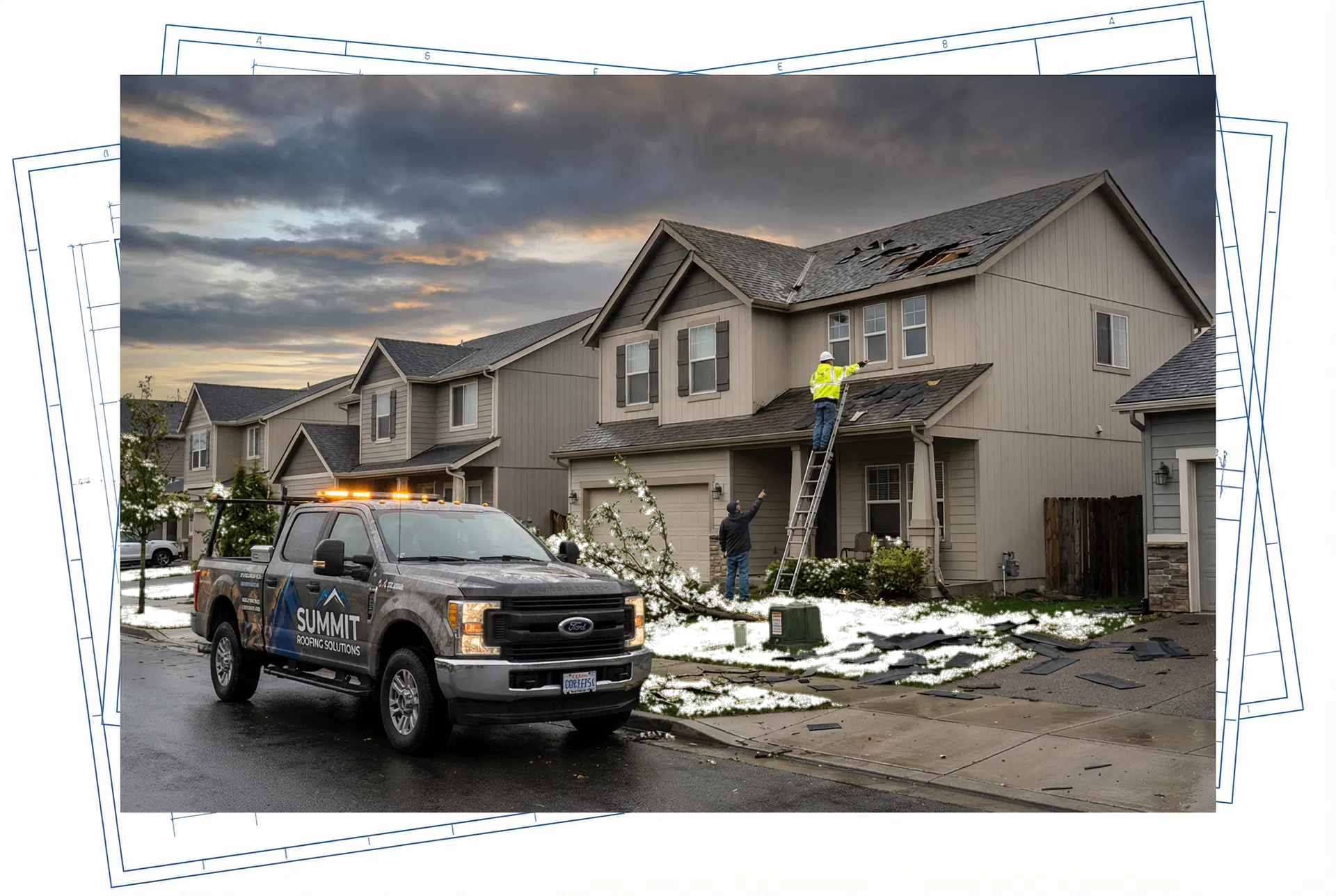 Storm-damaged neighborhood with roofing truck and contractor responding quickly