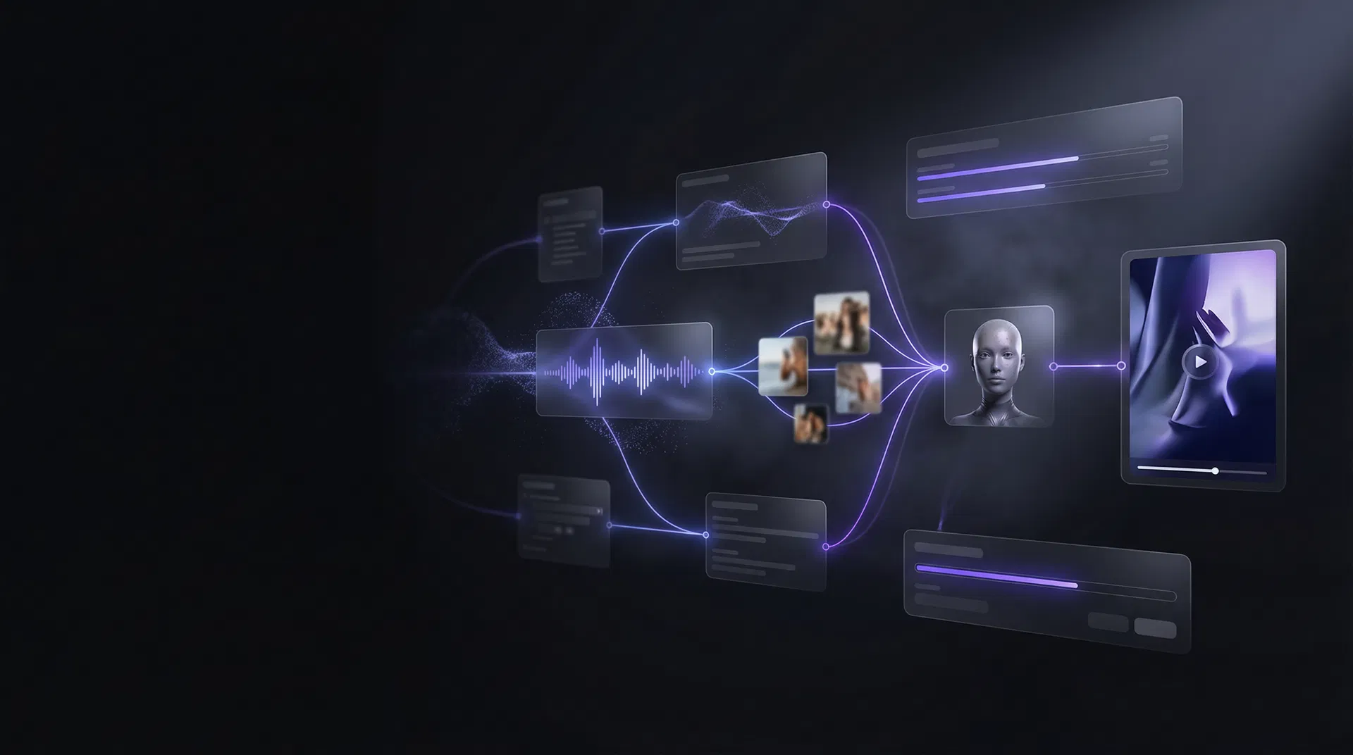 Fluxo visual do produto com IA criando clone digital e vídeos