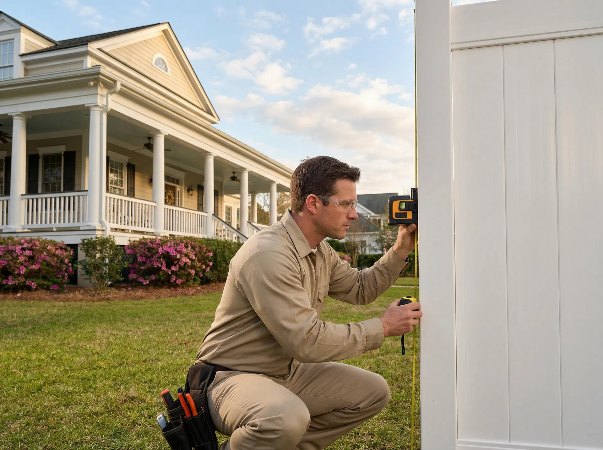 Professional fence installer working on a vinyl privacy fence