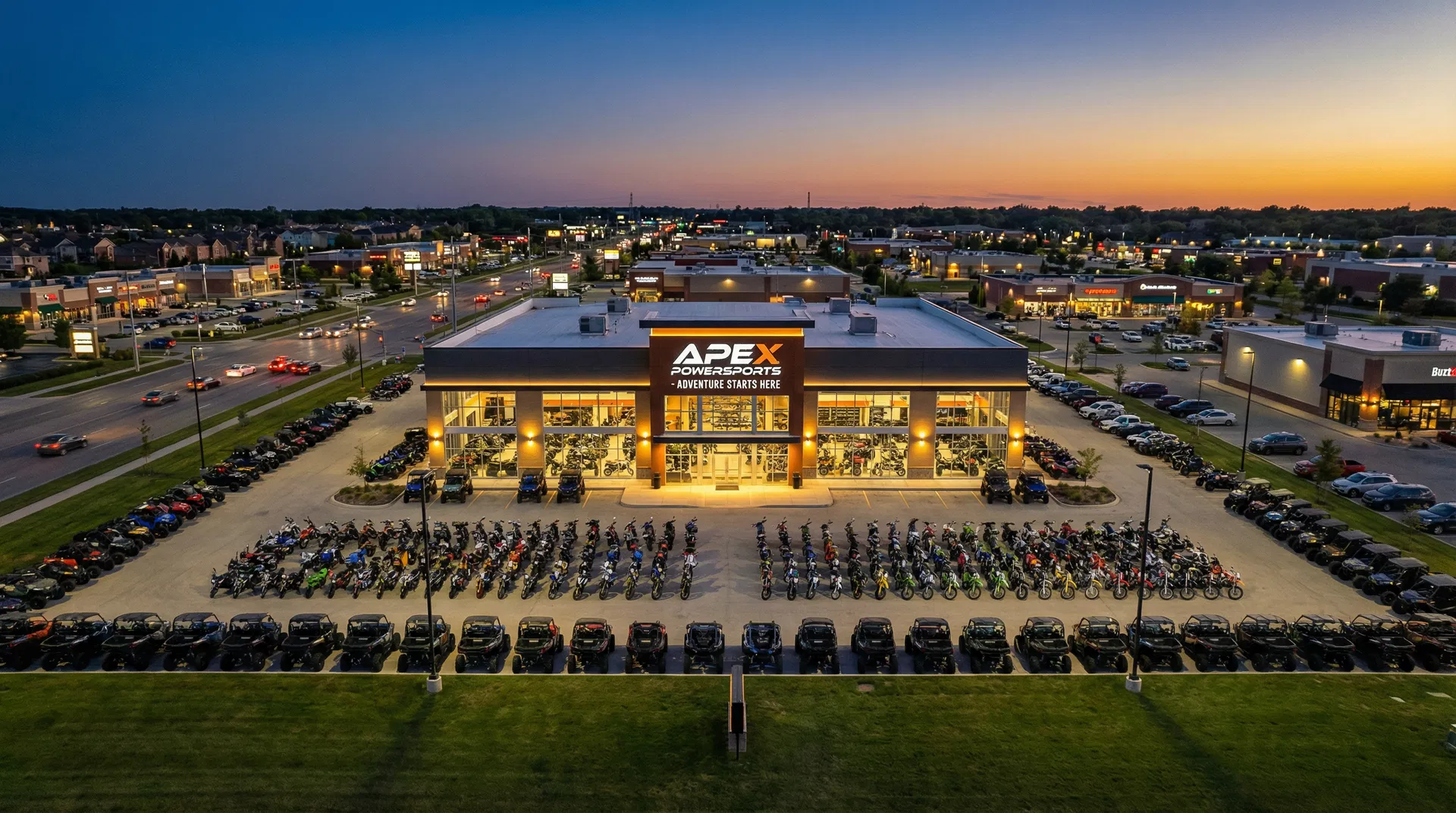 Powersports dealership aerial view