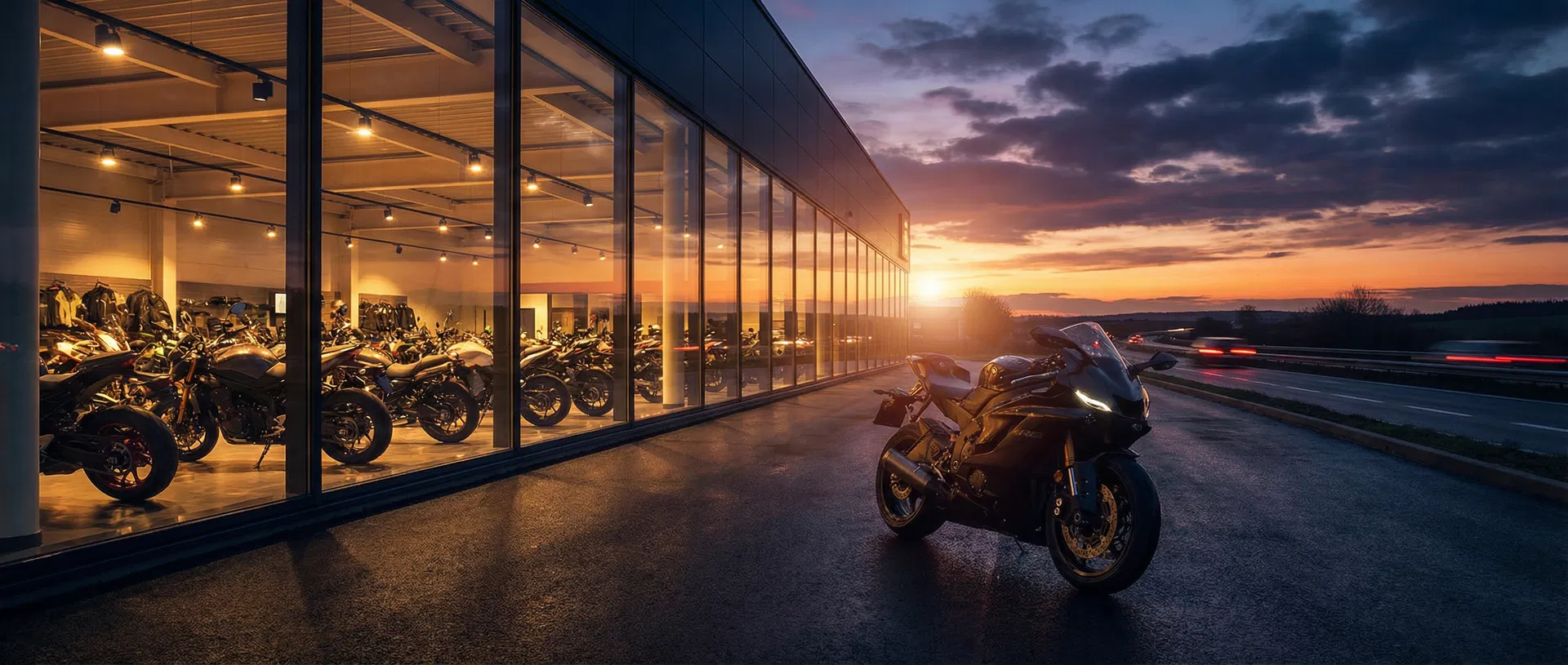 Motorcycle dealership at dusk
