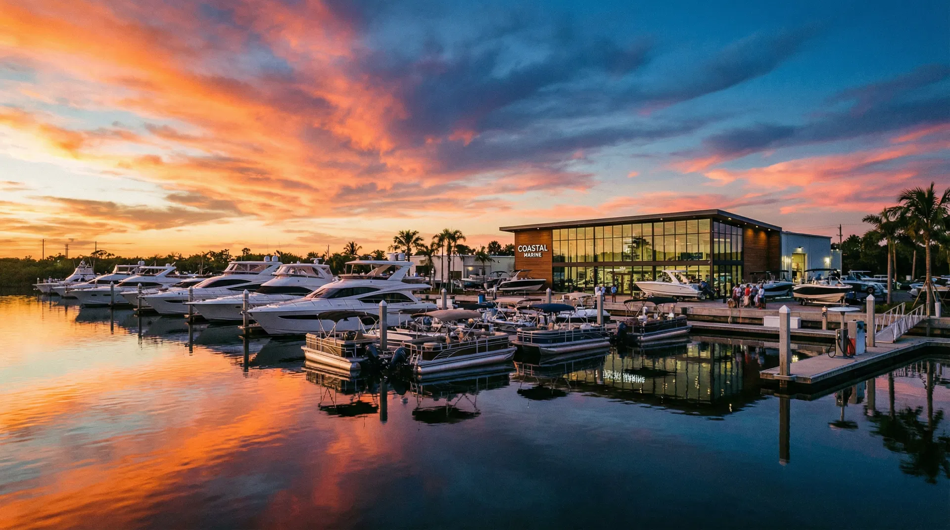 Marina and boat dealership at sunset