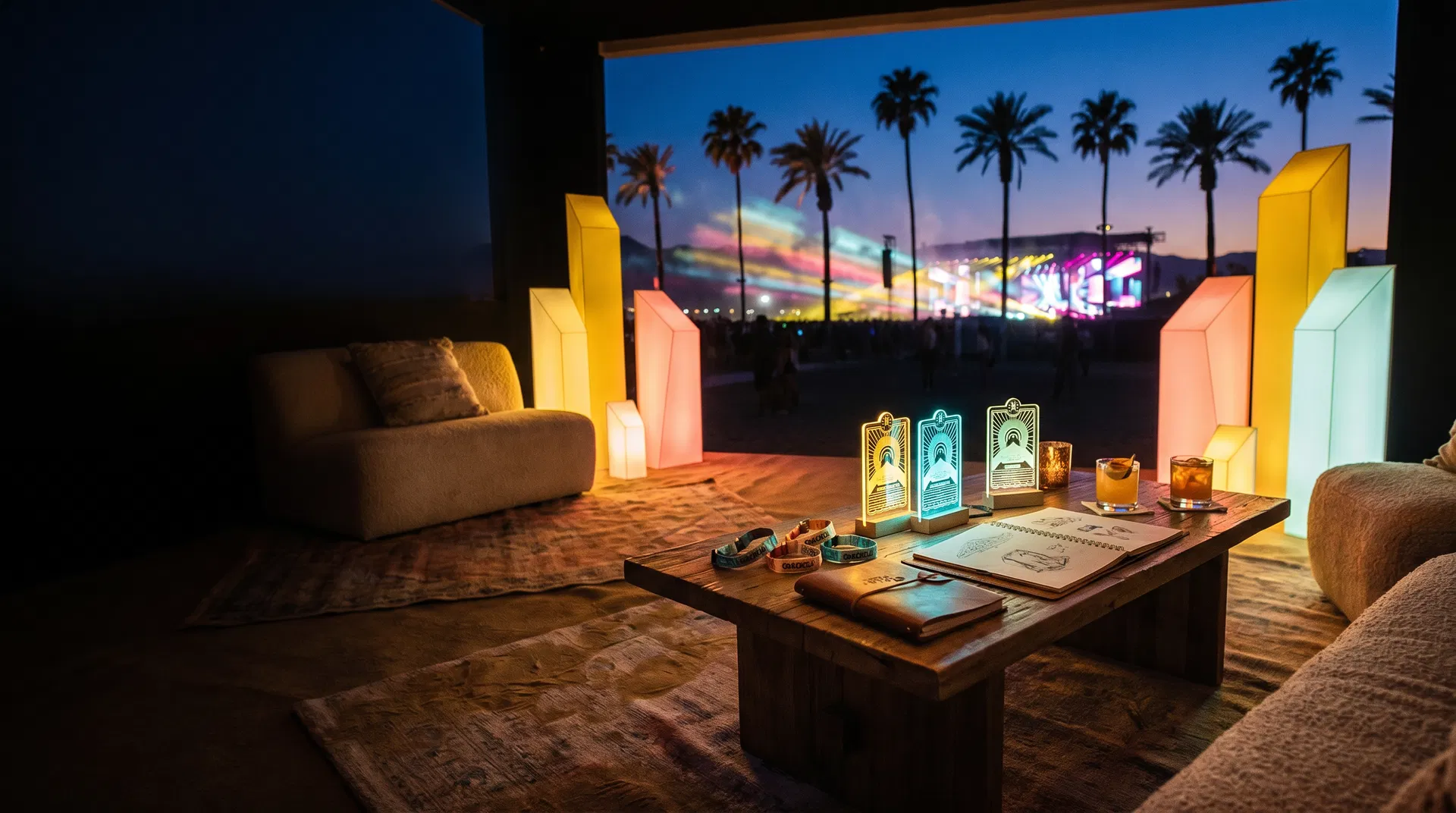 Premium backstage-inspired Coachella lounge with illuminated access passes