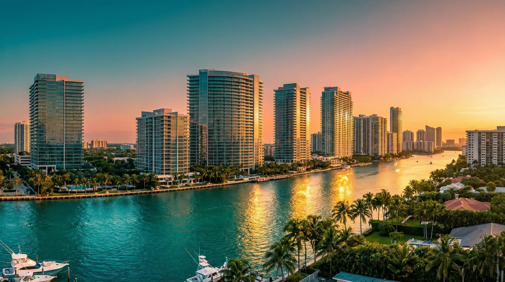 Aventura, South Florida waterfront at golden hour