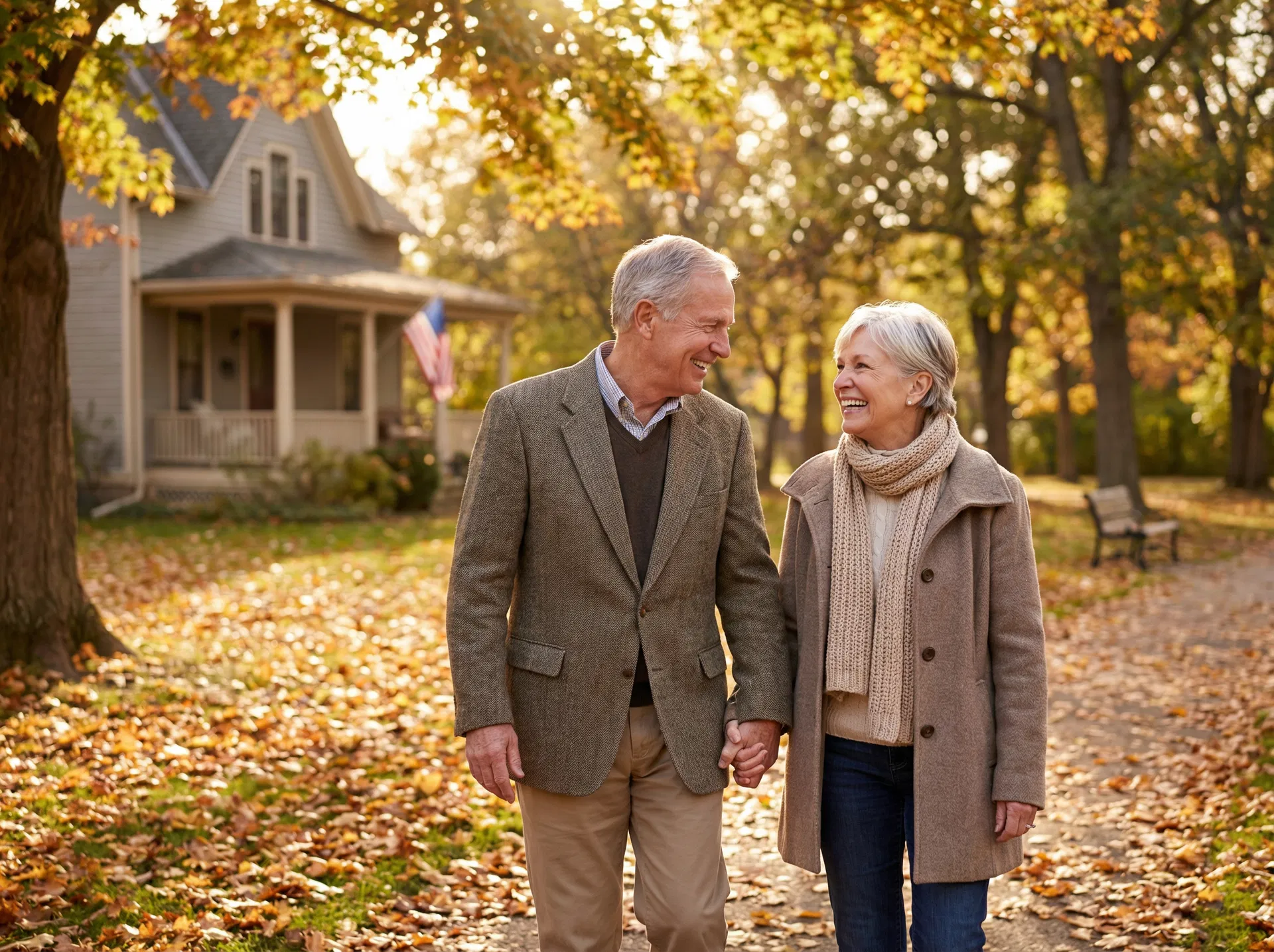 Happy senior couple walking in autumn park