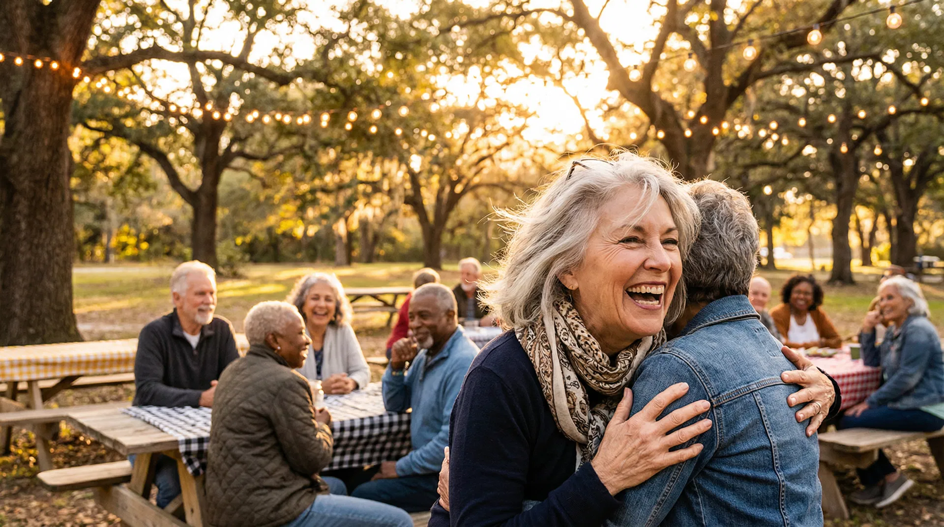 Happy seniors gathering together at golden hour