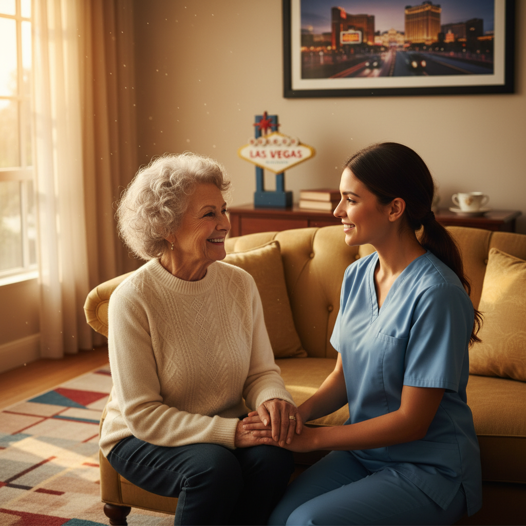A warm, realistic image of a happy senior woman in her home, gently interacting with a compassionate home care aide. Sunlight streams through a window, illuminating a comfortable living room. The scen