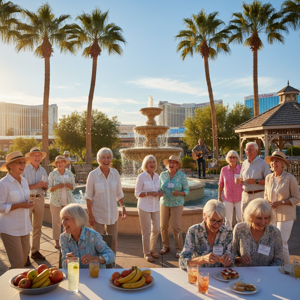 A diverse group of happy, active seniors enjoying a sunny outdoor community event in Las Vegas, perhaps near a fountain or palm trees. They are smiling, interacting, and looking engaged. Realistic sty