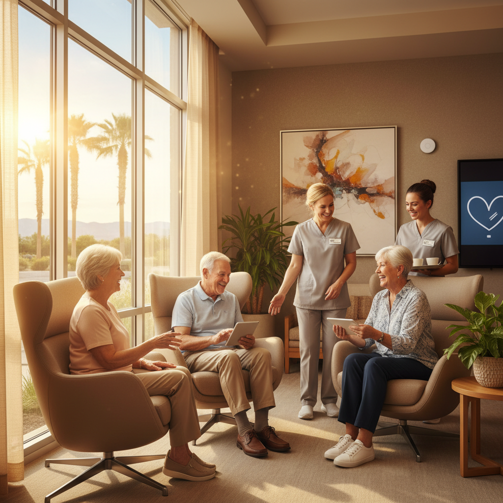 A warm, positive image featuring a diverse group of happy seniors interacting with friendly caregivers in a modern, bright senior living community common area in Las Vegas. Sunlight streams through la