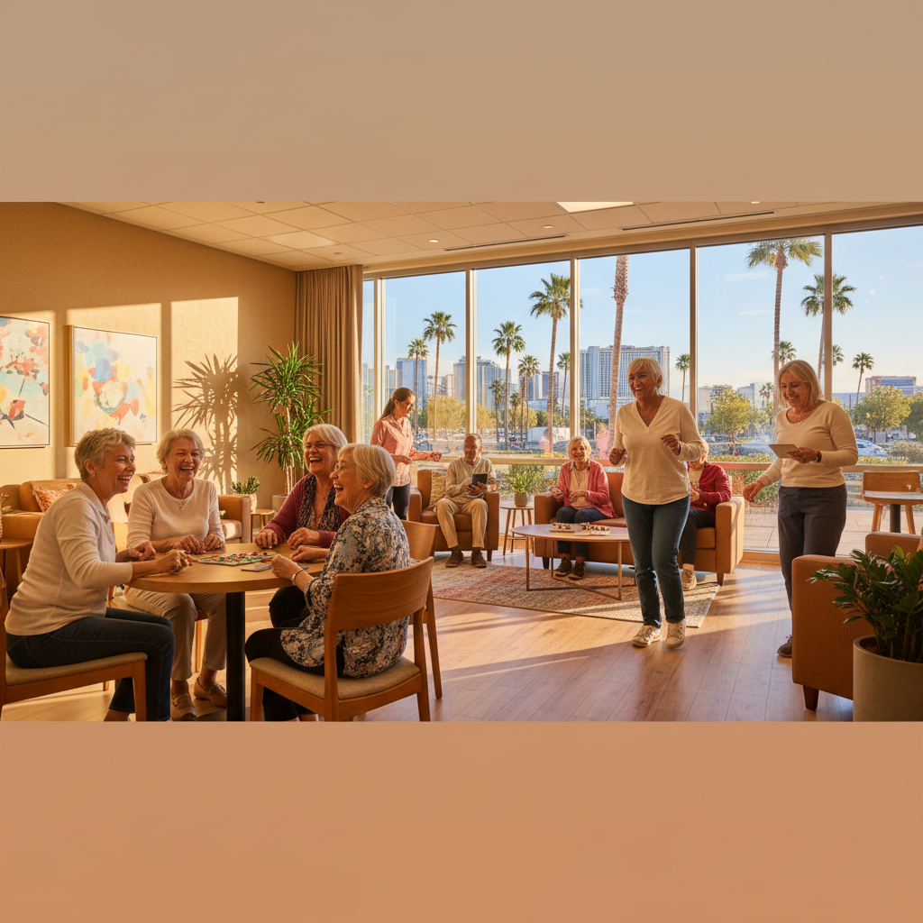 A diverse group of happy, smiling seniors and caregivers interacting warmly in a sunny, modern community center setting in Las Vegas, with palm trees visible outside. Realistic style, positive atmosph