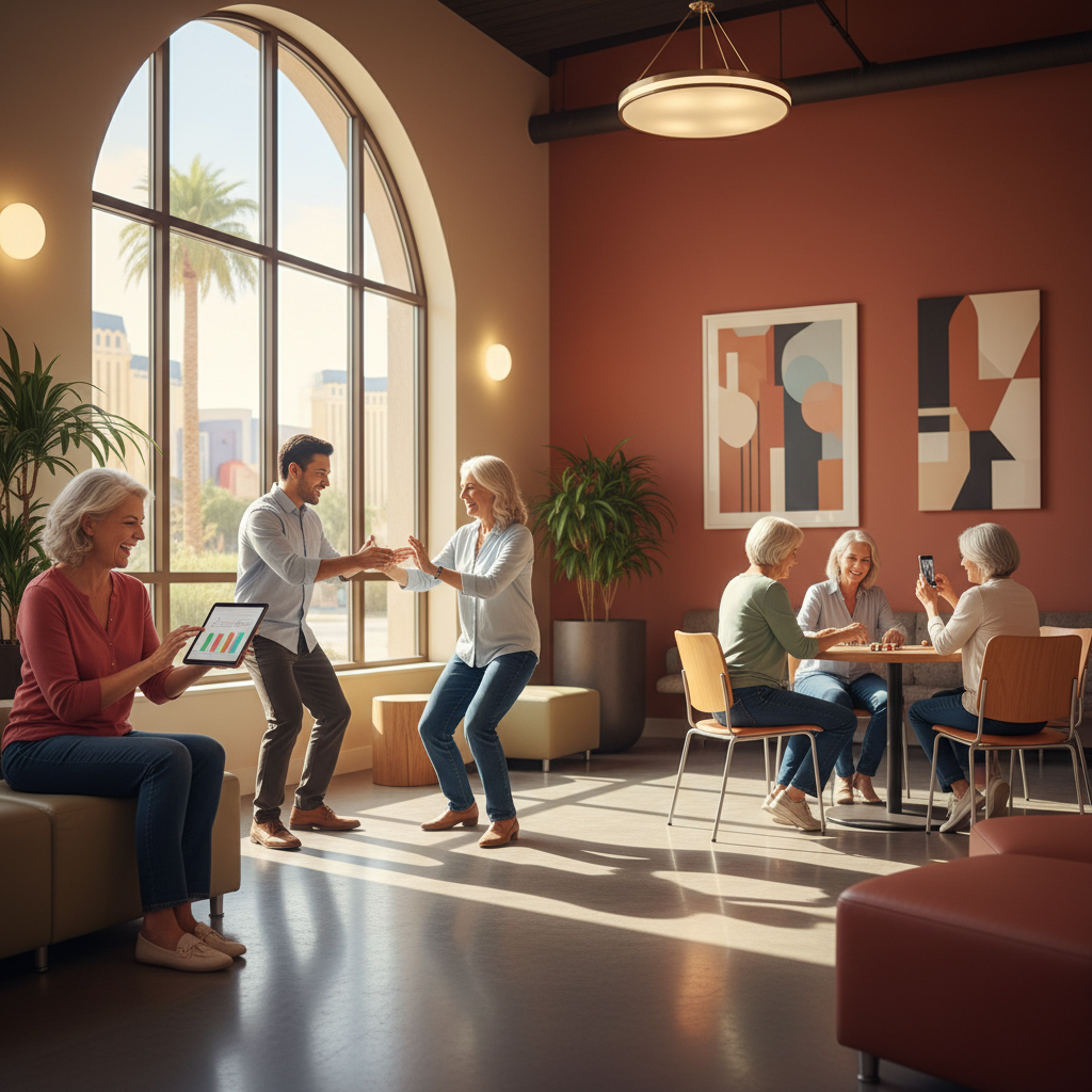 A diverse group of happy, active seniors engaging in a modern, bright community space in Las Vegas, perhaps with some subtle technological elements like a tablet or smart device in use. Sunlight strea