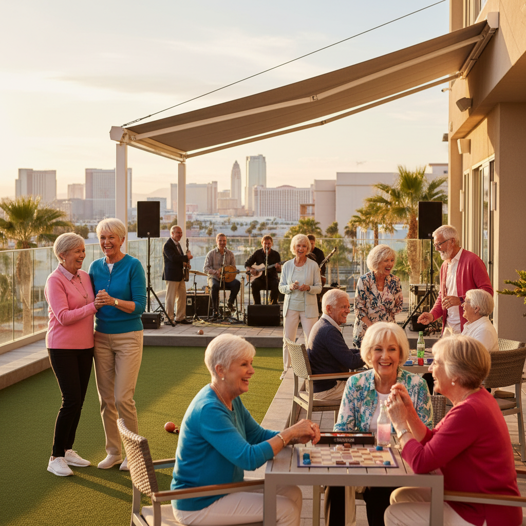 A diverse group of happy, active seniors in a sunny Las Vegas setting, perhaps at an outdoor community event or a modern senior living facility, laughing and engaging with each other. Realistic style,