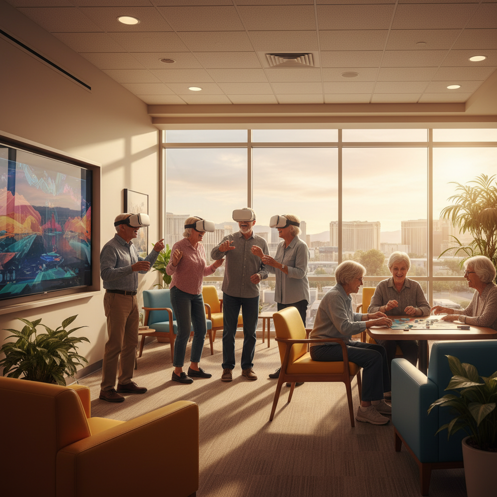 A diverse group of happy, engaged seniors, some wearing VR headsets, laughing and interacting in a bright, modern senior center common area. Sunlight streams through windows, revealing a hint of the L