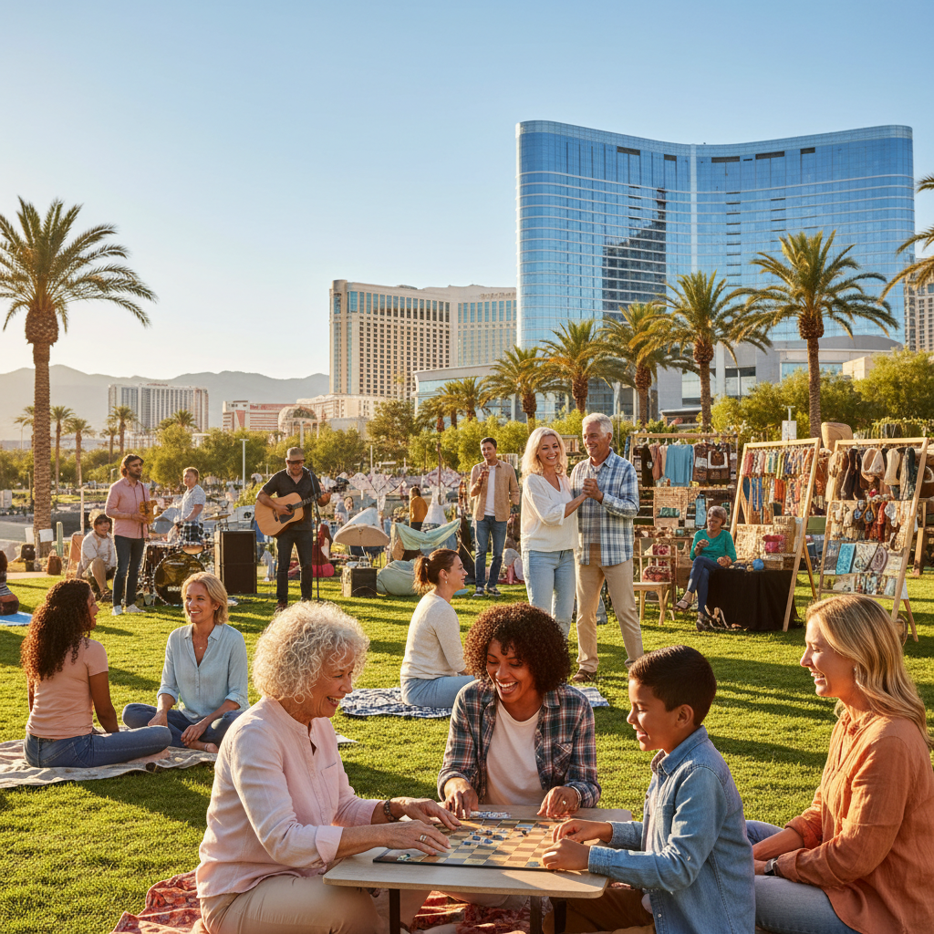 A diverse group of happy, active seniors and their families engaging positively at an outdoor community event in a sunny Las Vegas setting, with palm trees and modern buildings in the background. Focu