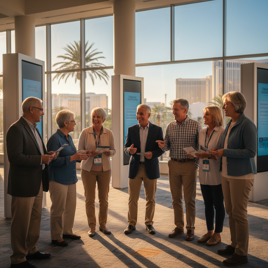 A diverse group of happy, smiling seniors and their adult children, engaged in conversation at a bright, modern senior expo in Las Vegas. The background features warm, sunny light and subtle hints of