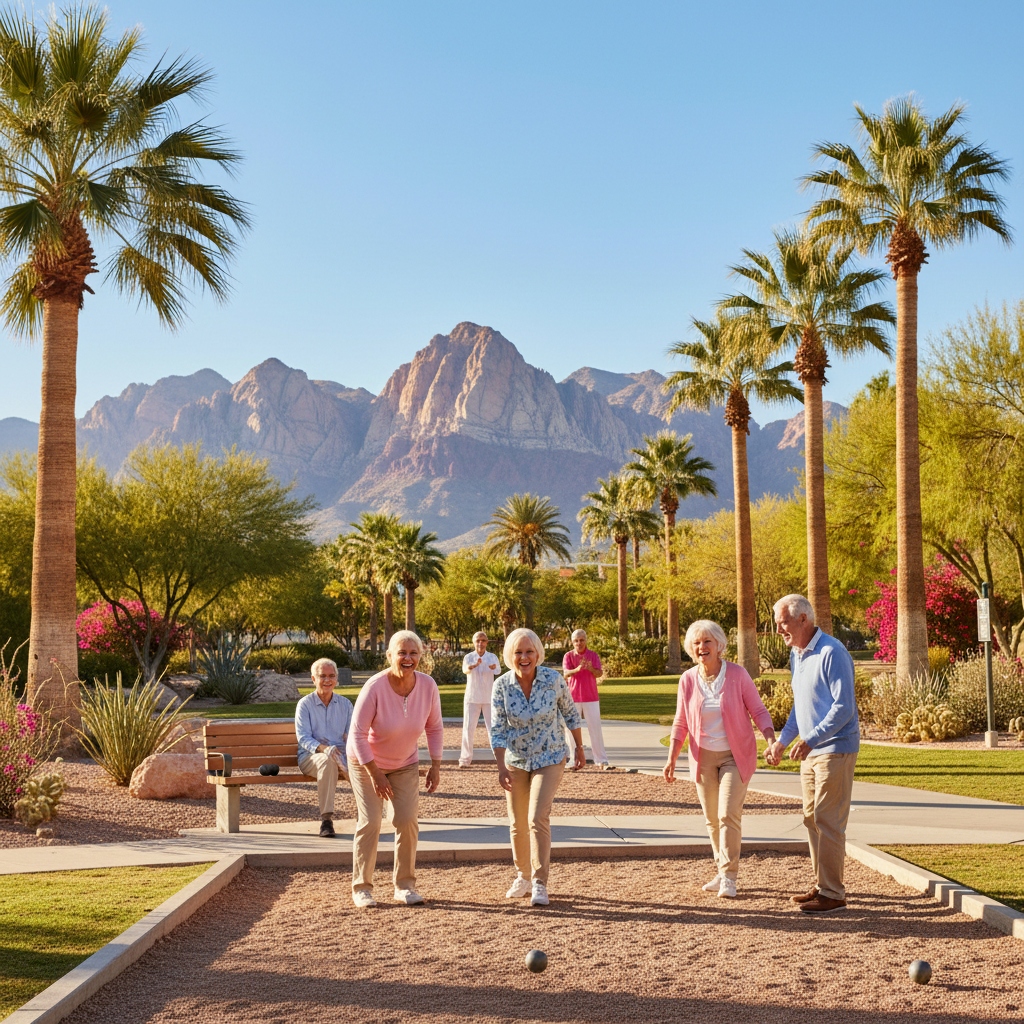 A diverse group of happy, active seniors enjoying a sunny day in a vibrant Las Vegas park, perhaps playing bocce ball or chatting on a bench, with palm trees and mountains in the background. Realistic