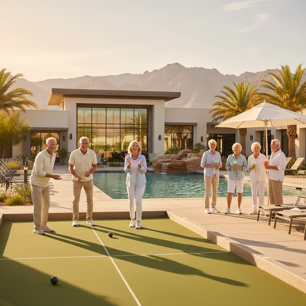 A diverse group of happy, active seniors enjoying a sunny outdoor activity in a modern Las Vegas retirement community setting, perhaps playing bocce ball or chatting by a pool. Realistic style, warm c