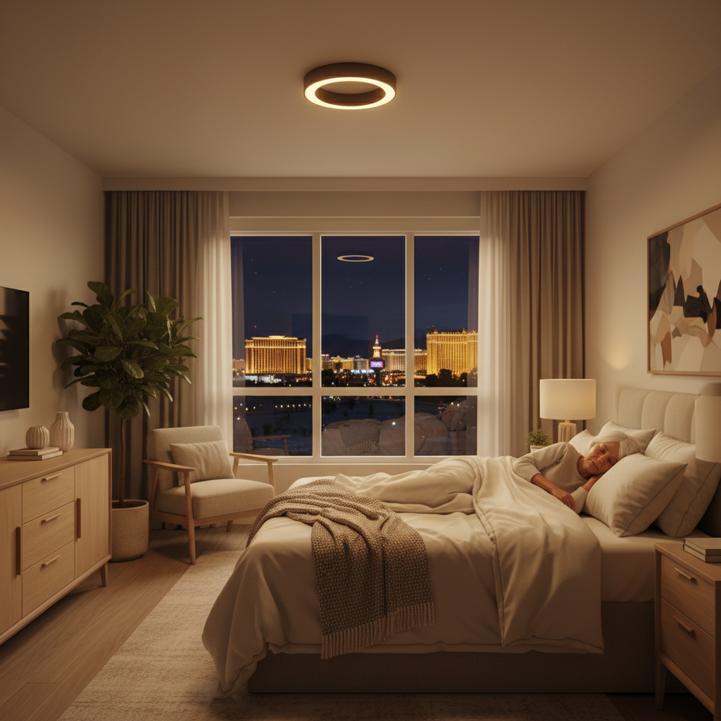 A bright, warm image of a modern senior living apartment at night, with a soft glow from a smart light fixture. A senior person is comfortably sleeping in bed, and the room feels safe and peaceful. Th