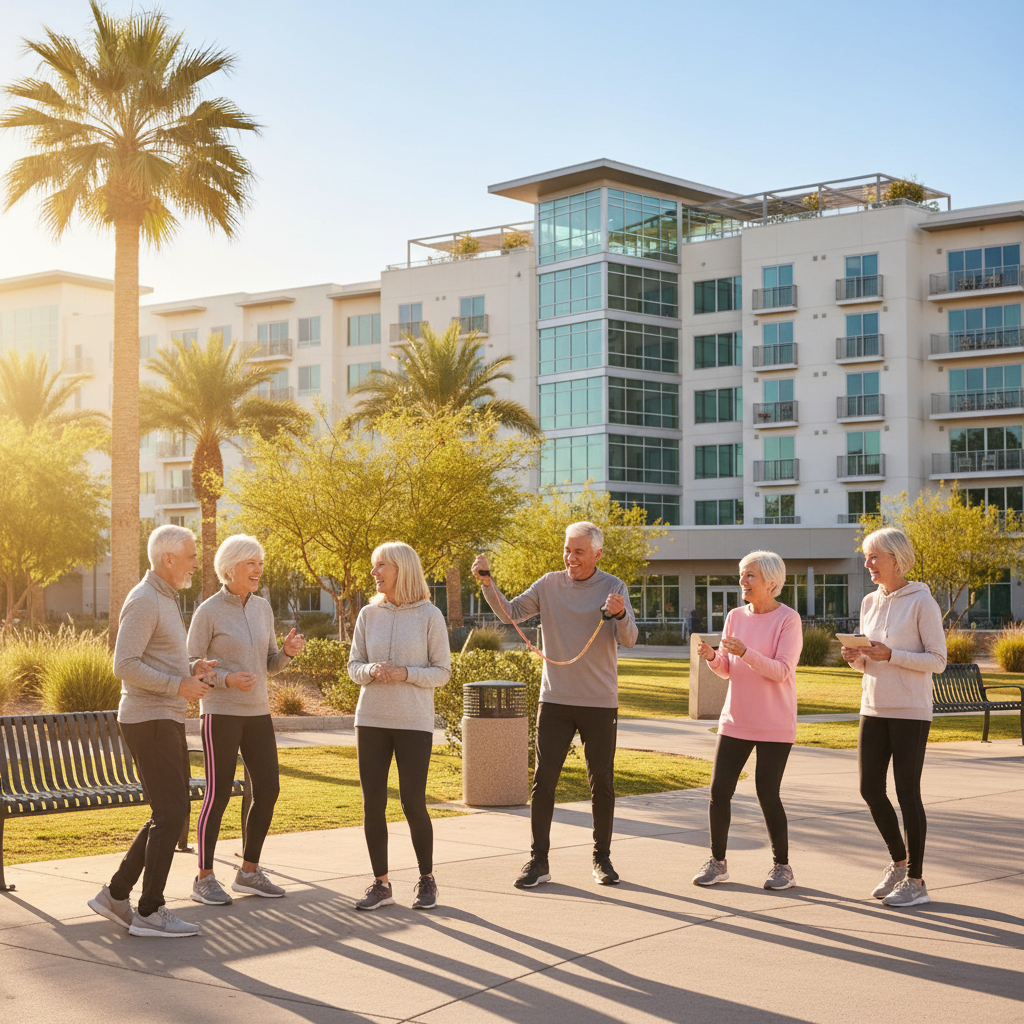 A diverse group of happy, active seniors in a sunny Las Vegas park, engaged in conversation and light activities, with a modern, clean senior living community building in the background. The atmospher