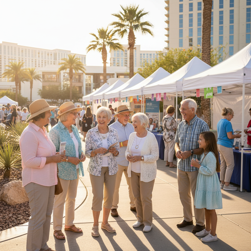 A diverse group of happy, active seniors and their families interacting positively at a sunny outdoor community event in Las Vegas, with palm trees and modern buildings in the background. They are smi