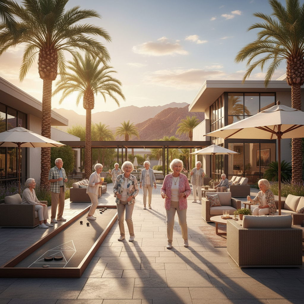 A diverse group of happy, active seniors enjoying a sunny day on the patio of a modern, inviting senior living community in Las Vegas, with palm trees and mountains in the background. Realistic style,