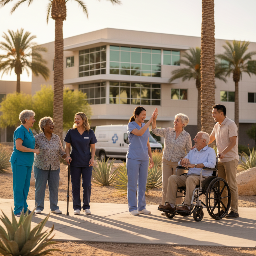 A warm, realistic image of a diverse group of happy seniors and their caregivers smiling and interacting positively in a sunny Las Vegas setting, perhaps near a modern building or a community park, wi