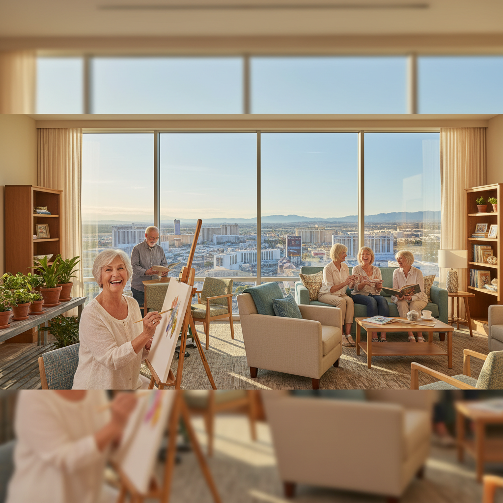 A diverse group of happy, active seniors (50s-80s) engaged in various personalized activities (e.g., painting, gardening, reading, chatting) in a bright, modern senior living common area with large wi