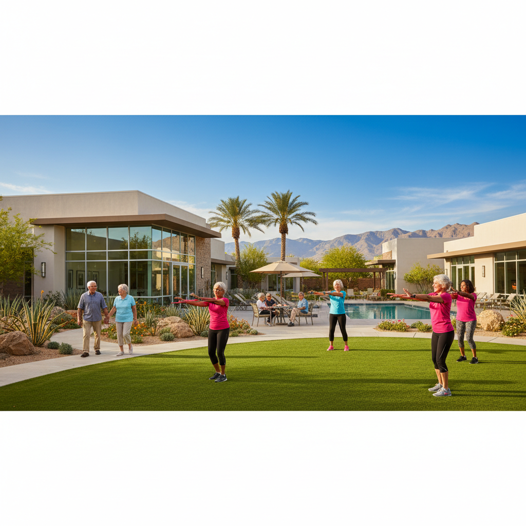 A vibrant, sunny outdoor scene at a modern luxury senior living community in Henderson, Nevada. Happy, diverse seniors are engaged in activities like walking in a landscaped garden, chatting on a pati