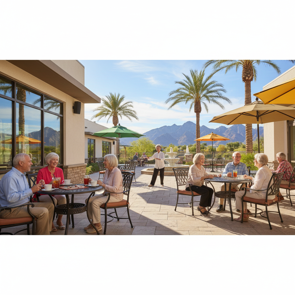 A diverse group of happy, active seniors enjoying a sunny day on the patio of a modern, affordable senior living complex in Las Vegas. They are smiling, some are chatting, others are engaged in light