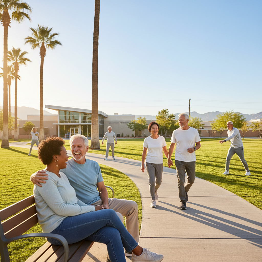 A diverse group of happy, active seniors enjoying a sunny day in a Las Vegas park, perhaps near a community center. They are smiling, some are chatting, others are engaged in light activities like wal