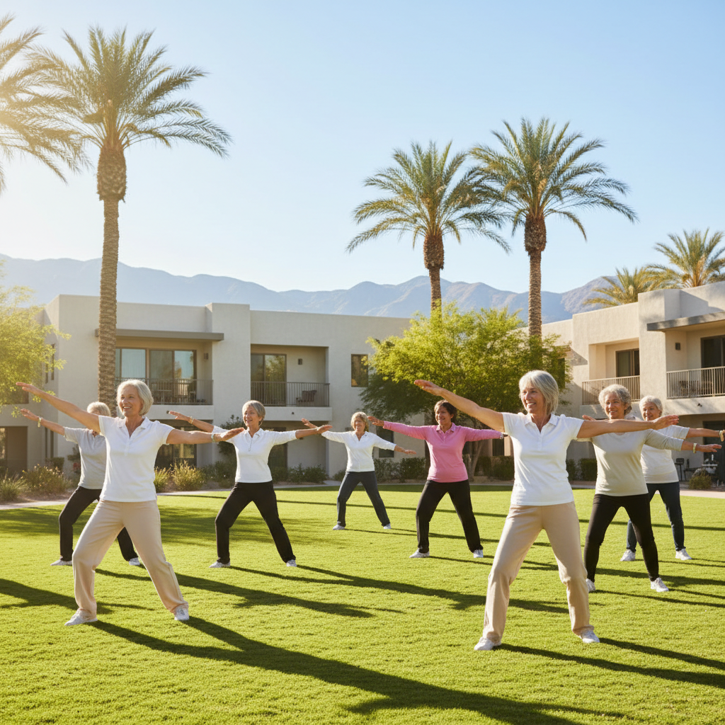 Realistic style, sunny Las Vegas setting, happy diverse group of seniors smiling and engaging in an outdoor community activity at a modern senior living complex, with palm trees and mountains in the b