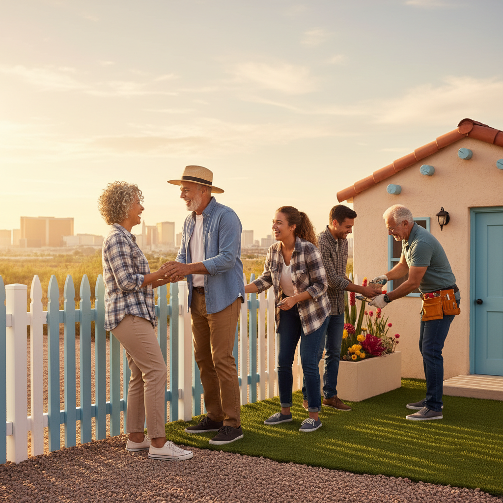 A diverse group of happy seniors and young college students laughing and working together on a light home repair project (e.g., painting a fence, planting flowers, or fixing a small structure) in a su