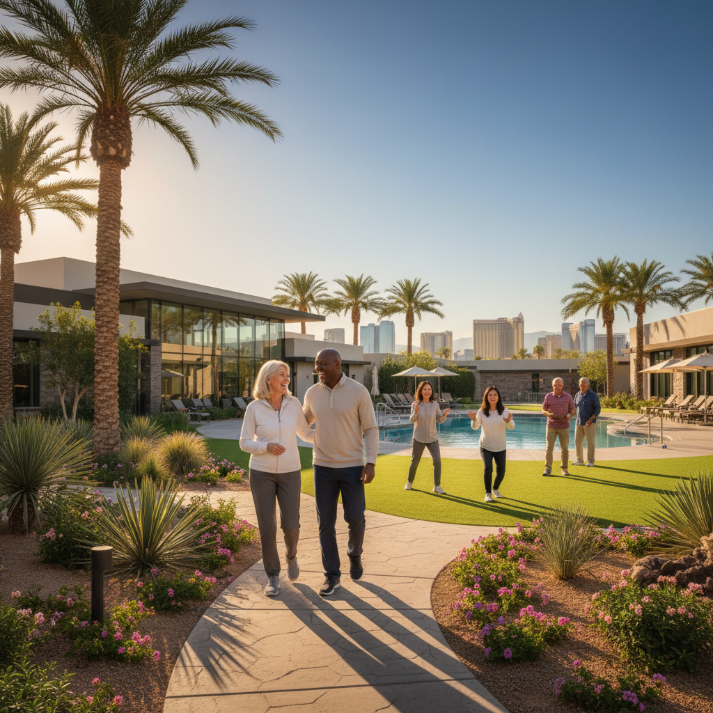 A diverse group of happy, active seniors enjoying a sunny day at a modern, luxurious senior living community in Las Vegas. They are smiling, perhaps walking in a beautifully landscaped garden or enjoy