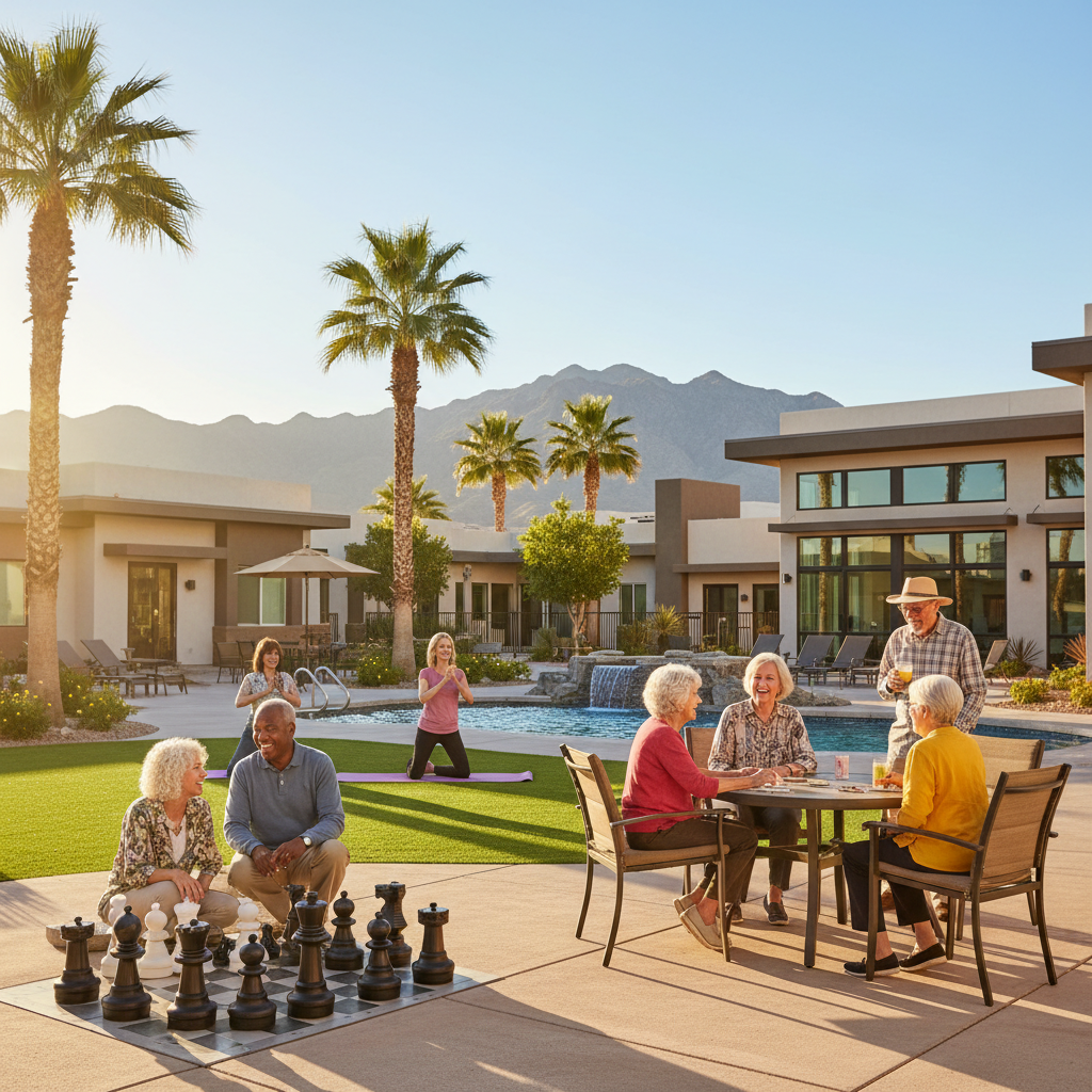 A diverse group of happy, active seniors enjoying a sunny outdoor communal area at a modern, affordable senior living community in Las Vegas. Palm trees and mountains in the background, realistic styl