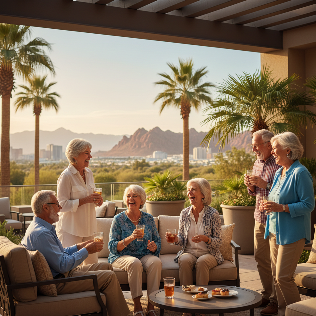 A group of happy, diverse seniors enjoying a sunny day on a patio of a modern, upscale senior living community in Henderson, Nevada, with palm trees and mountains in the background. They are laughing